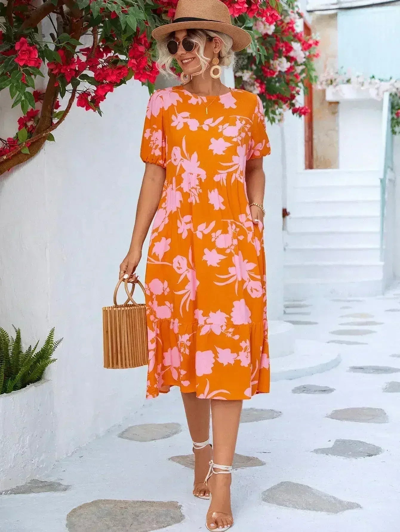 Floral Puff Sleeve Ruffle Hem Midi Dress - Femstylo