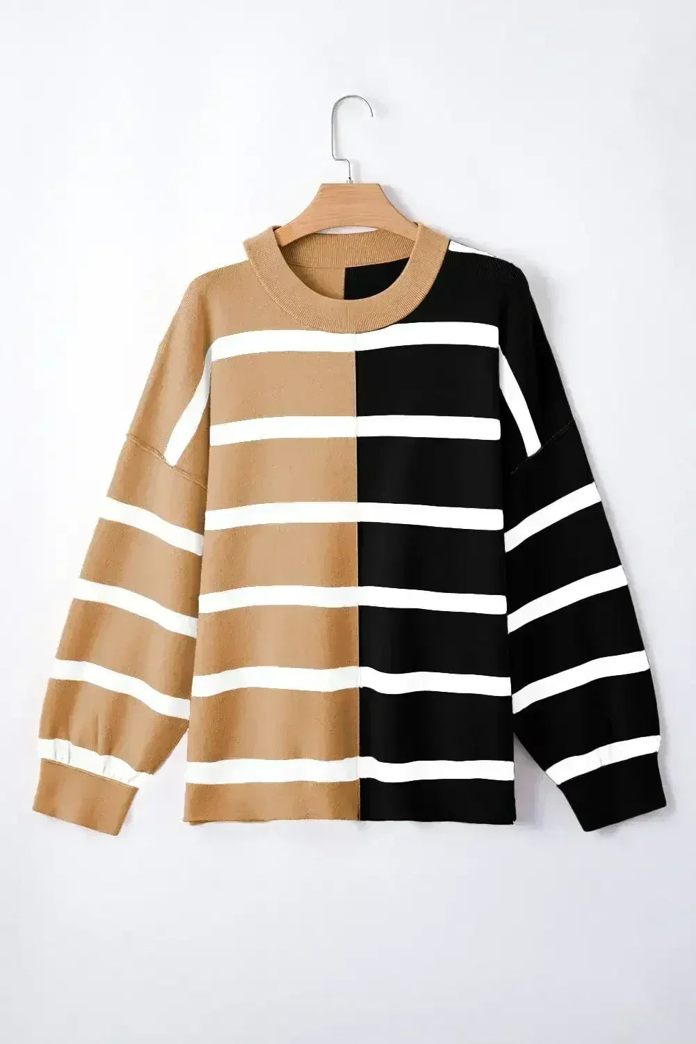Pink Striped Patchwork Drop Shoulder Sweater - Femstylo