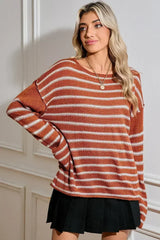 Brown Stripe Casual Round Neck Drop Shoulder Sweater - Femstylo