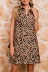 Khaki Leopard Print V Neck Sleeveless Collared Mini Dress - Femstylo