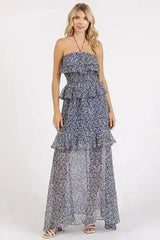 Mittoshop Ruffled Smocked Floral Halter Neck Maxi Dress - Femstylo