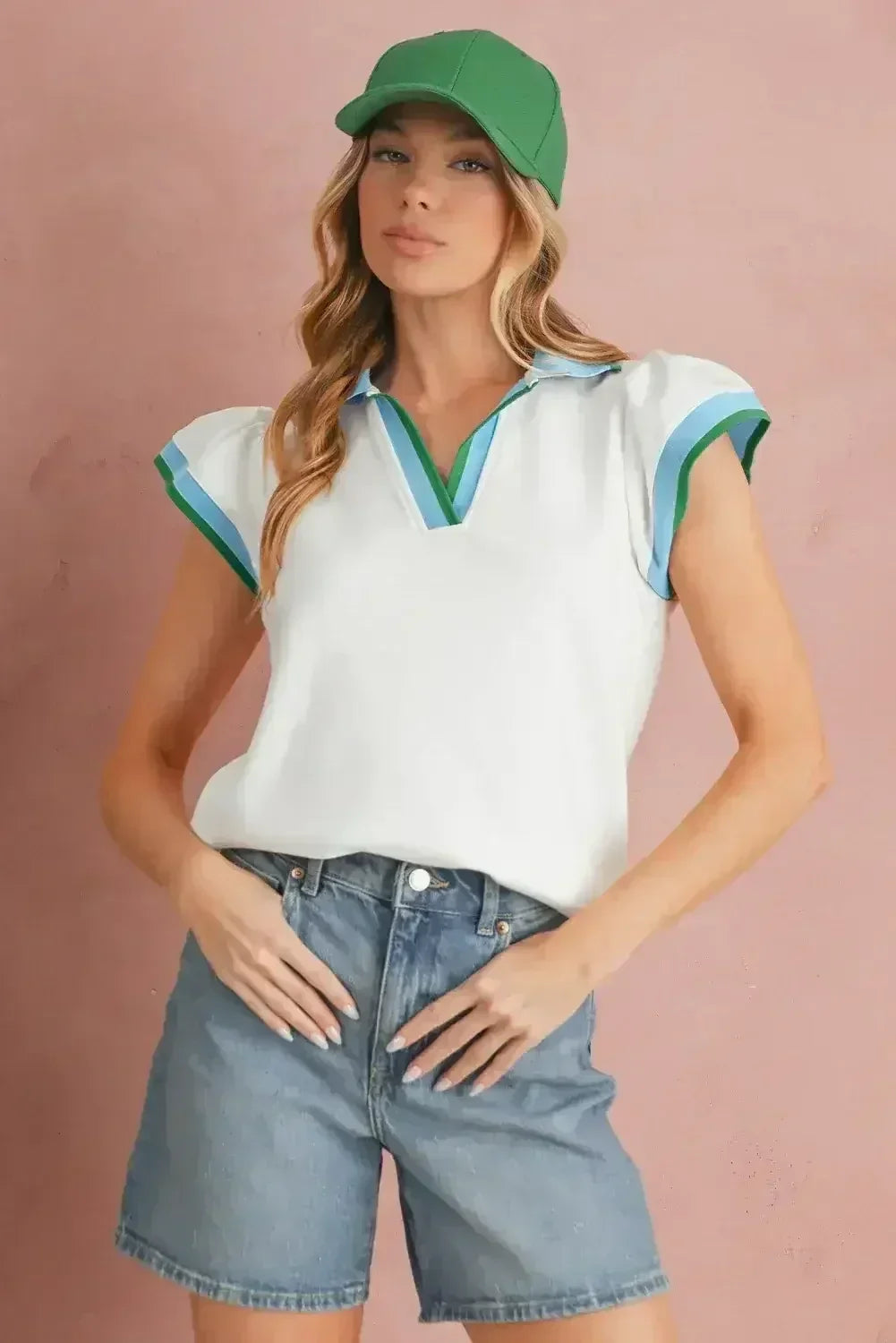 Beau Blue Color Collared V Neck Ruffle Sleeve Blouse | Femstylo - Femstylo