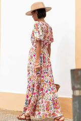 Red Floral Short Sleeve V Neck High Waist Maxi Dress - Femstylo