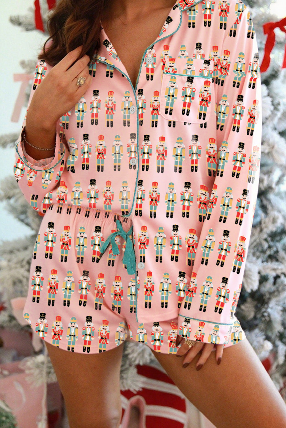 Pink Christmas Nutcracker Long Sleeve Shirt Shorts Pajama Set