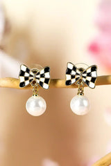 Black Checkered Bow Pearl Drop Earrings - Femstylo