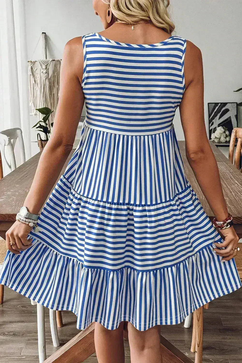 Black Stripe U Neck Sleeveless Loose Fit Mini Dress - Femstylo