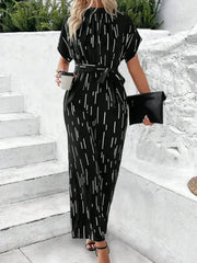Tied Printed Mock Neck Wide Leg Jumpsuit - Femstylo