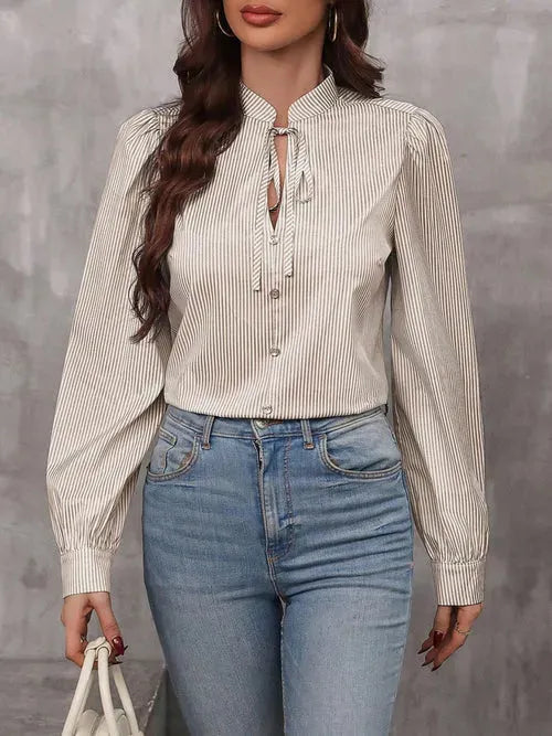 Striped Tie Neck Long Sleeve Blouse - Femstylo