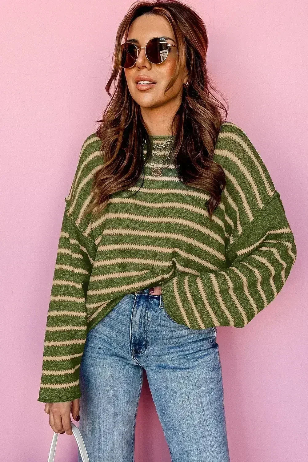 Brown Stripe Casual Round Neck Drop Shoulder Sweater - Femstylo