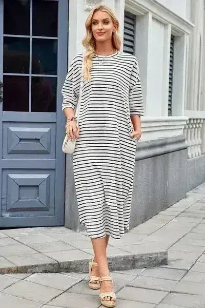 Lovelet Contrast Striped Half Sleeve Midi Tee Dress - Femstylo