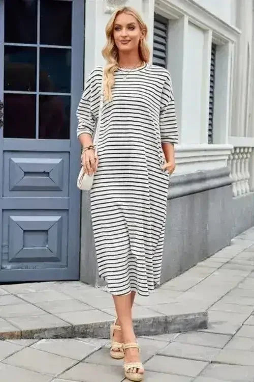 Lovelet Contrast Striped Half Sleeve Midi Tee Dress - Femstylo