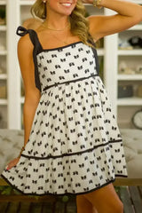 White Bow Contrast Trim Knotted Shoulder Mini Dress - Femstylo
