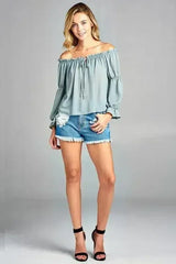 Women's Puff Long Sleeve Ruffled Front Tie Off Shoulder Top - Femstylo
