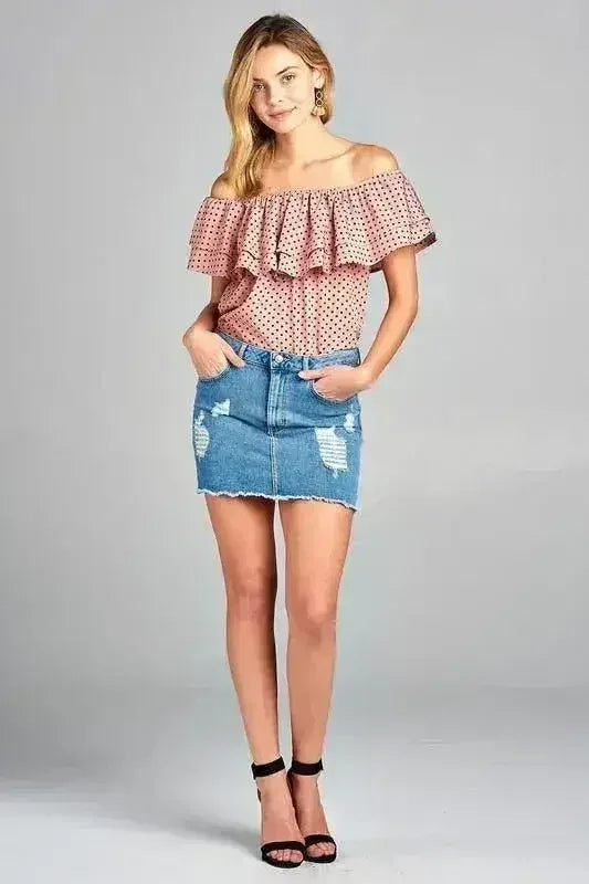 Women's Double Ruffle Off Shoulder Polka Dot Top - Femstylo