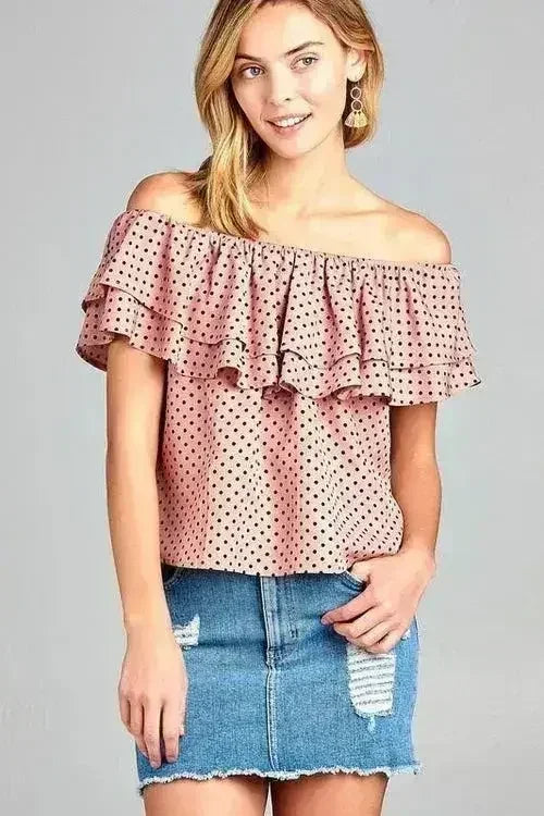 Women's Double Ruffle Off Shoulder Polka Dot Top - Femstylo