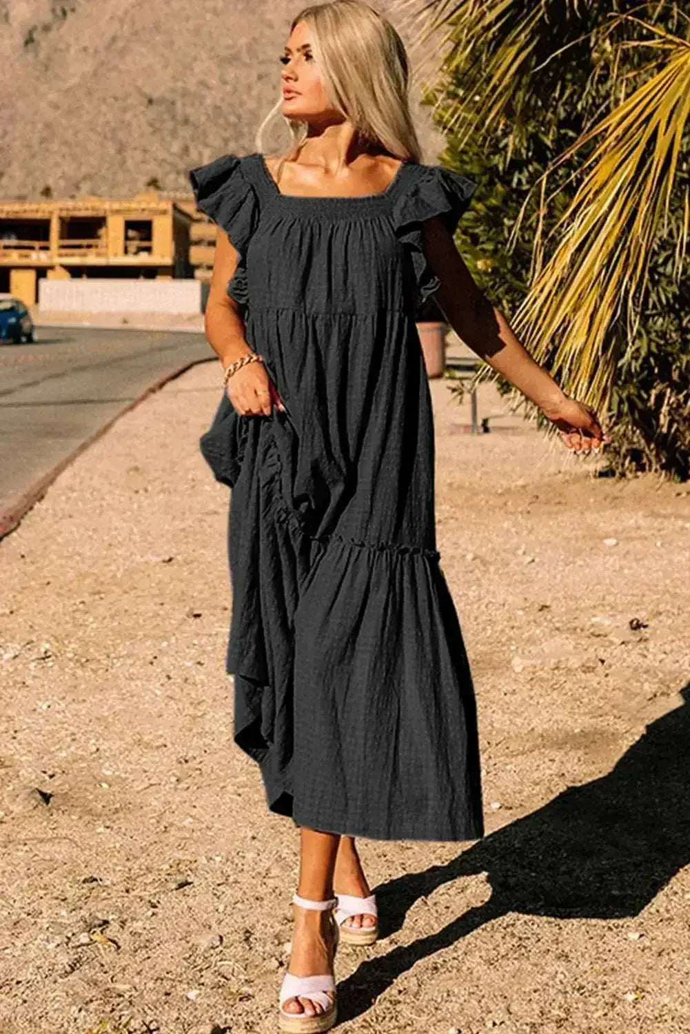 Purple Ruffled Flutter Sleeve Square Neck Textured Tiered Maxi Dress - Femstylo