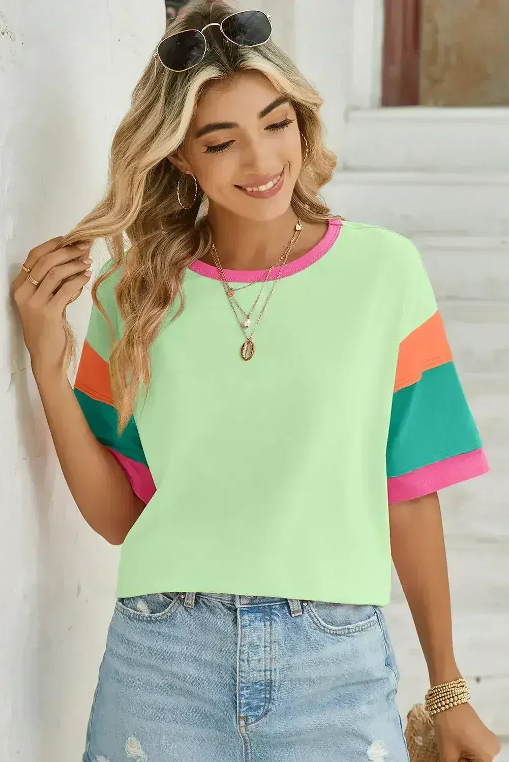 Light Blue Color Block Sleeve Round Neck Oversize Top - Femstylo