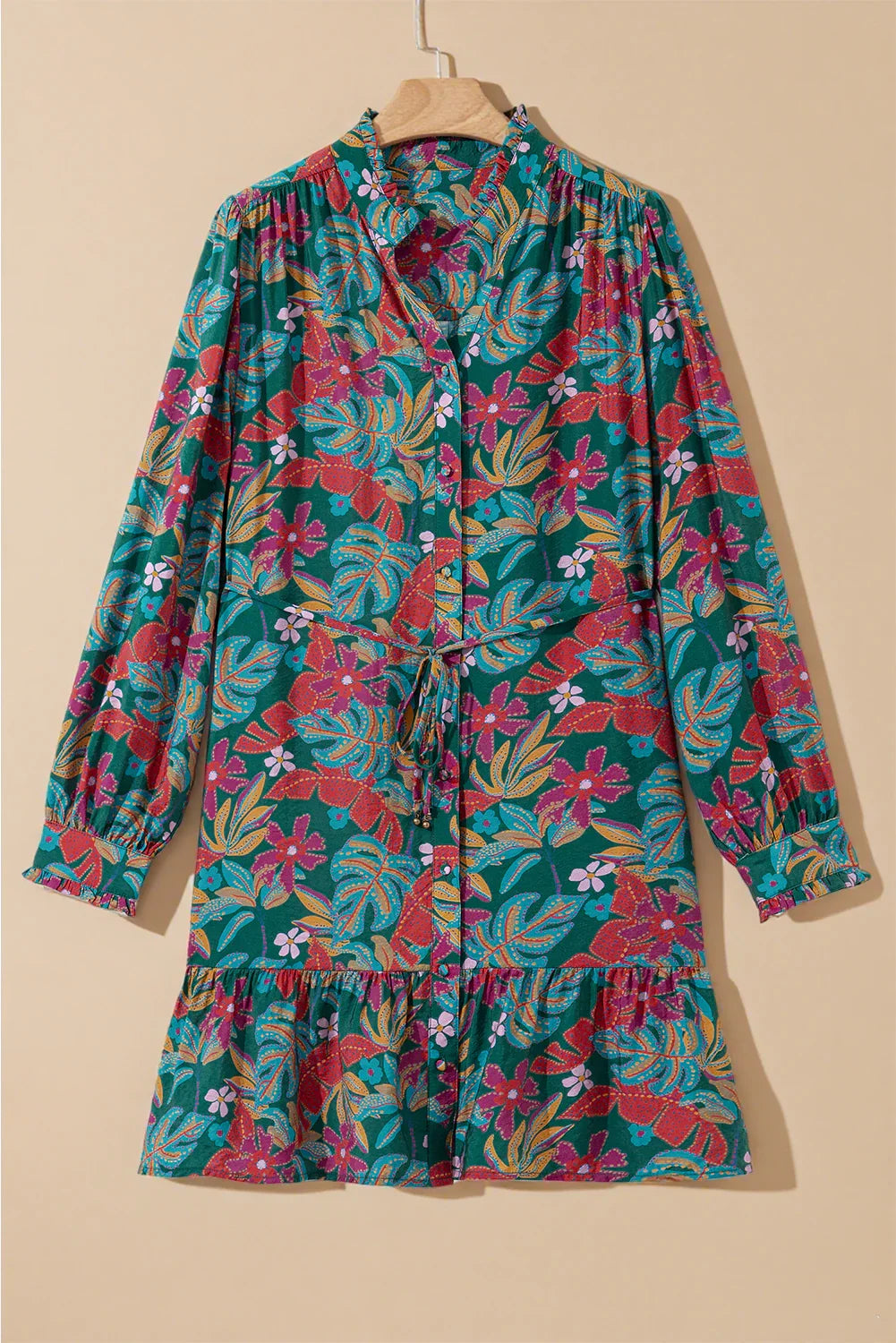 Green Floral Frill V Neck Puff Sleeve Ruffle Mini Dress