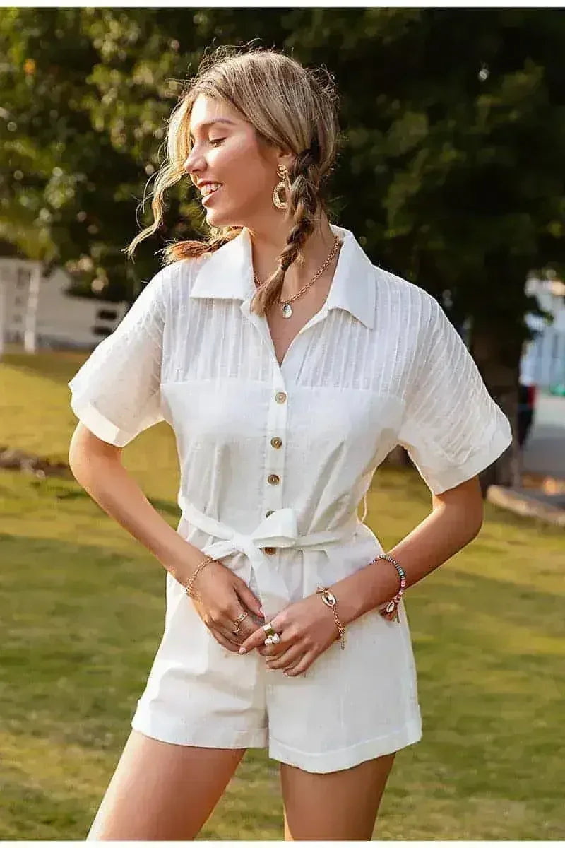 Pure Color Short-sleeved Lapel Tie Jumpsuit Casual Jumpsuit Women - Femstylo