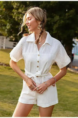 Pure Color Short-sleeved Lapel Tie Jumpsuit Casual Jumpsuit Women - Femstylo