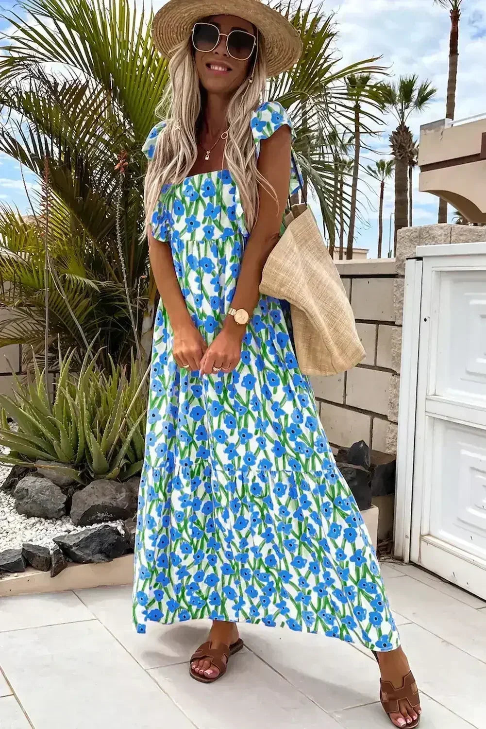 Pink Floral Print Square Neck Ruffled Strap Maxi Dress - Femstylo