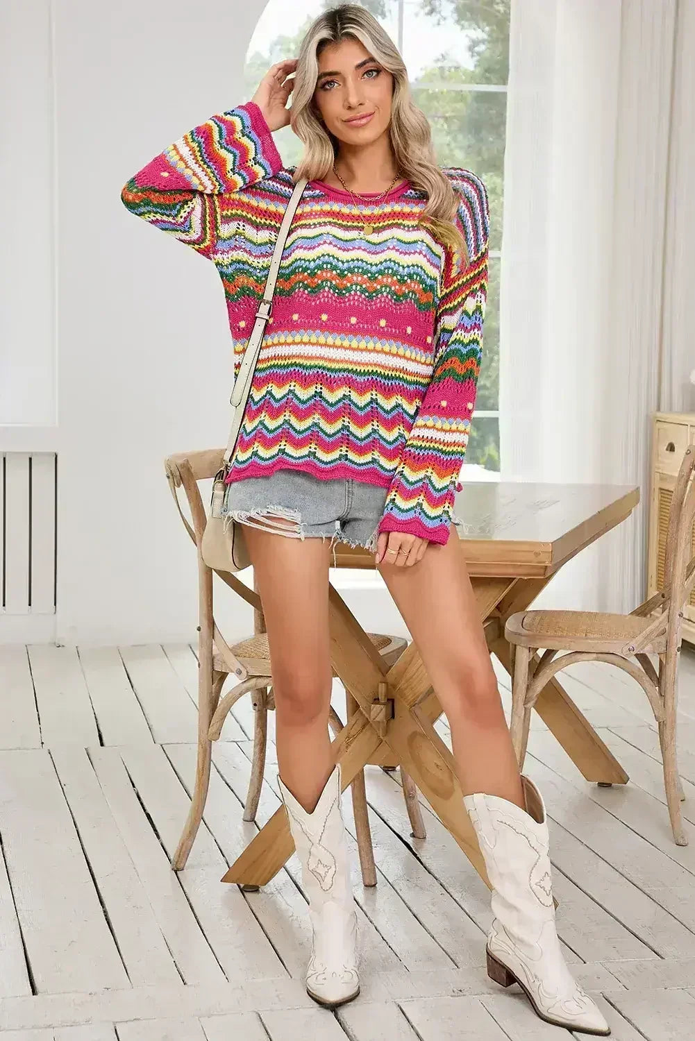Rose Red Colorblock Striped Hollowed Knit Loose Sweater - Femstylo