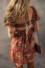 Red Floral Puff Sleeve Square Neck Knot Open Back Mini Dress - Femstylo