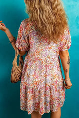 Red Floral Print Notched V Neck Puff Sleeve Tiered Mini Dress - Femstylo