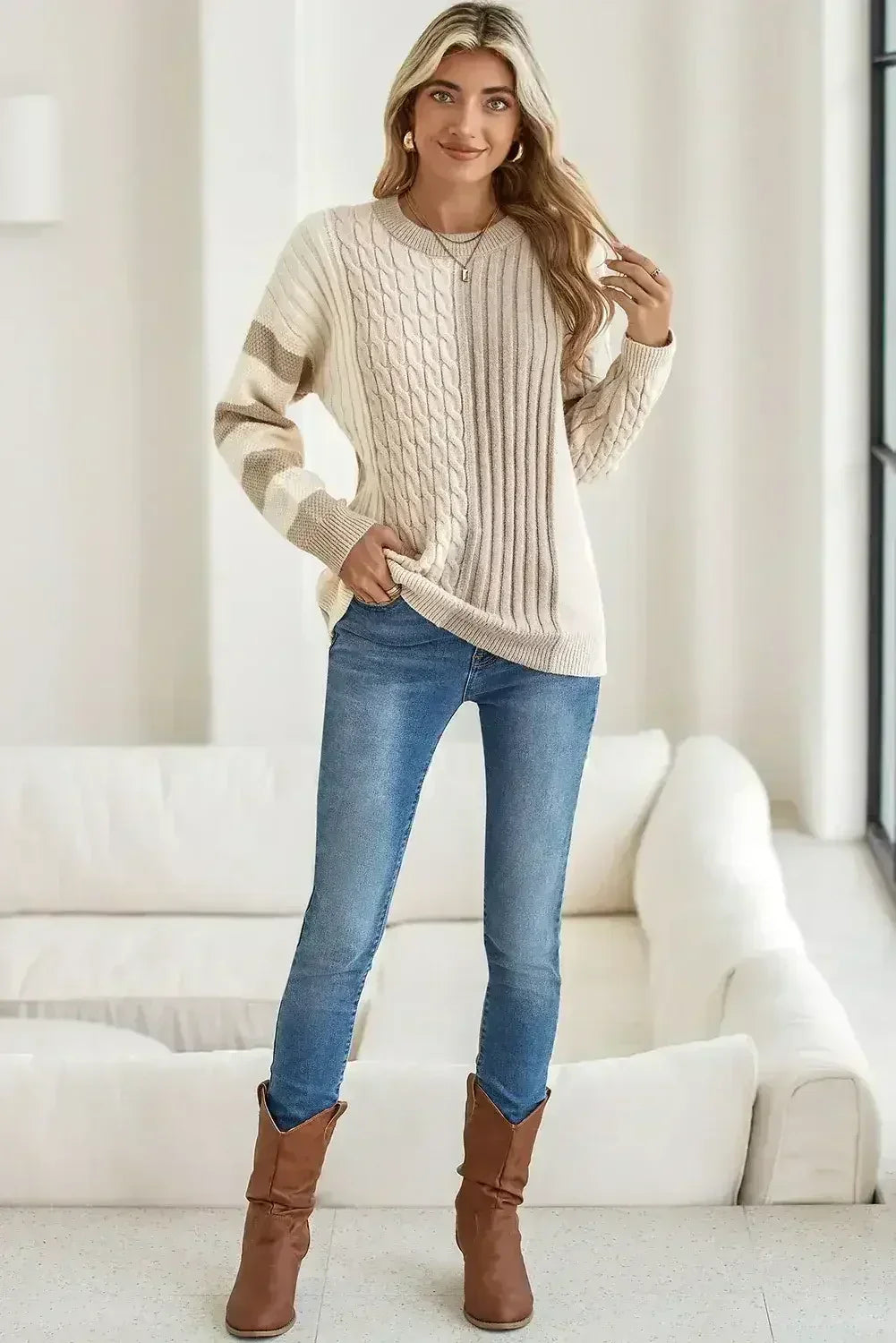 Khaki Cable Knit Colorblock Crew Neck Drop Shoulder Sweater - Femstylo