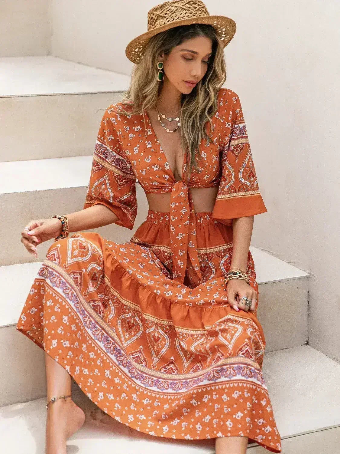 Printed Plunge Half Sleeve Top and Skirt Set - Femstylo