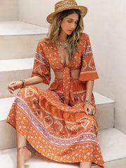 Printed Plunge Half Sleeve Top and Skirt Set - Femstylo