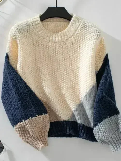 Color Block Round Neck Dropped Shoulder Sweater - Femstylo