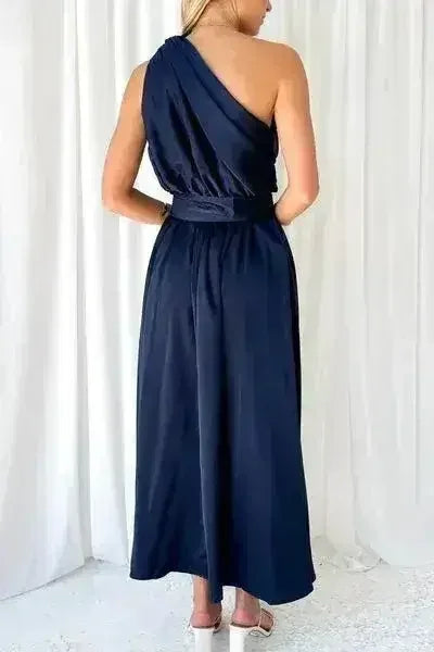 Ruched Single Shoulder Sleeveless Dress - Femstylo
