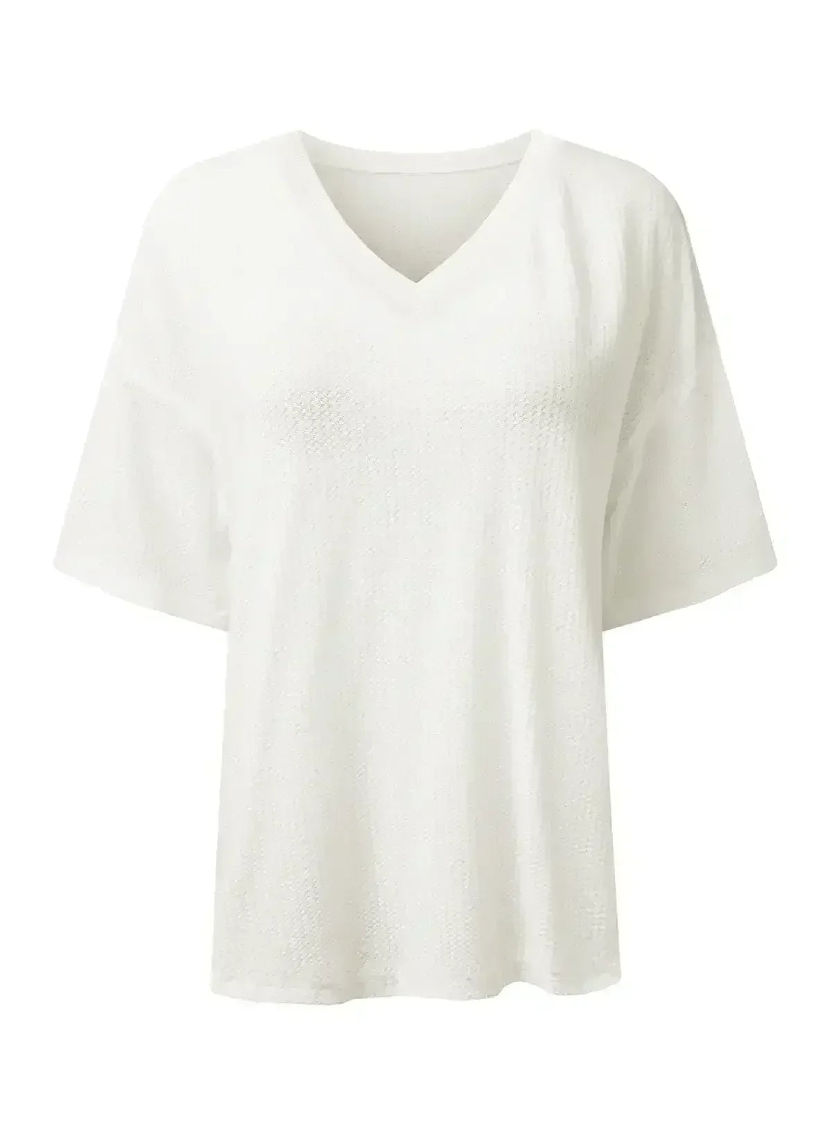 White Waffle Texture V Neck Drop Shoulder Loose Tee - Femstylo
