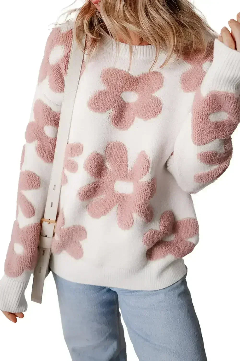 White Vintage Flower Drop Shoulder Loose Sweater - Femstylo