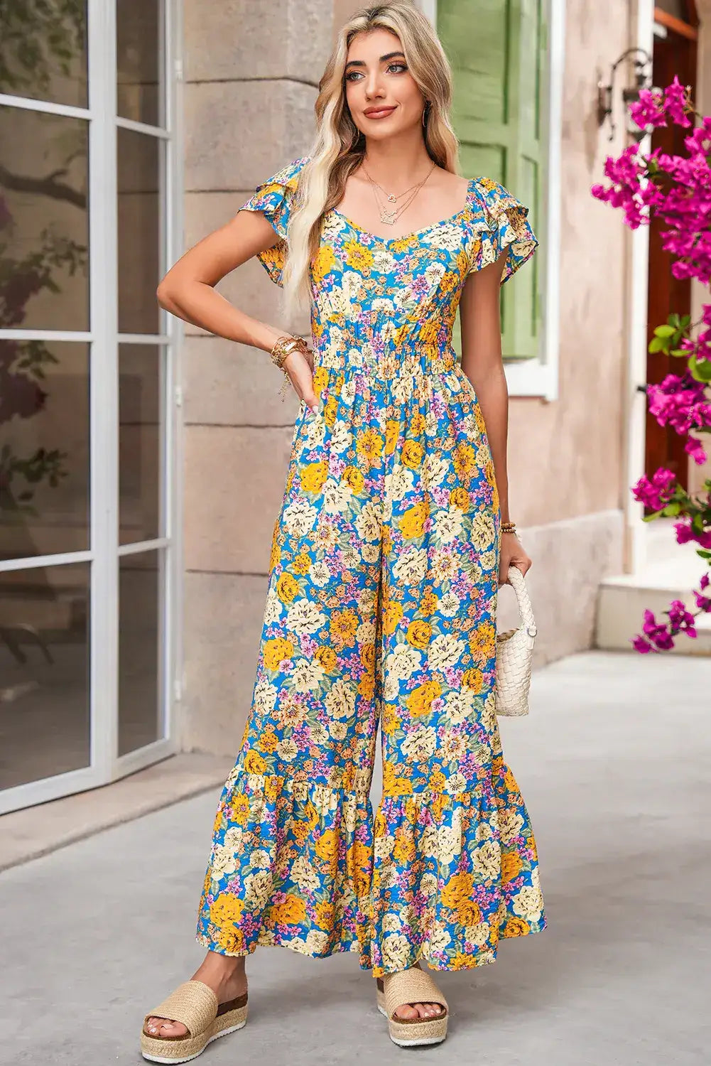 Yellow Floral Allover Print Shirred Cut Out High Waist Jumpsuit