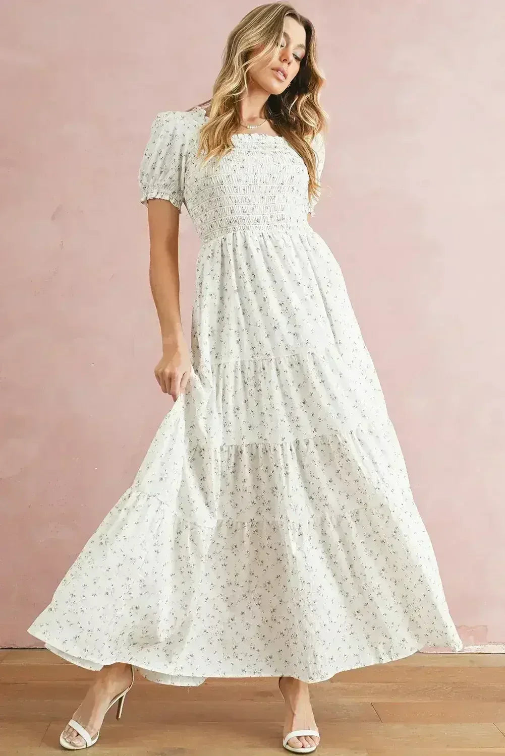 White Frill Neckline Shirred Bodice Floral Maxi Dress - Femstylo