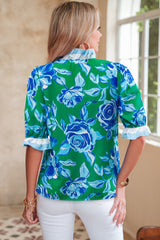 Bright Green Floral Print Ruffle Puff Sleeve Pop of Color Neckline Blouse
