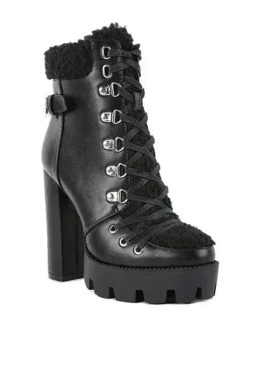 Faux Leather Fur Collar Ankle Boots - Chunky Heel | Femstylo - Femstylo