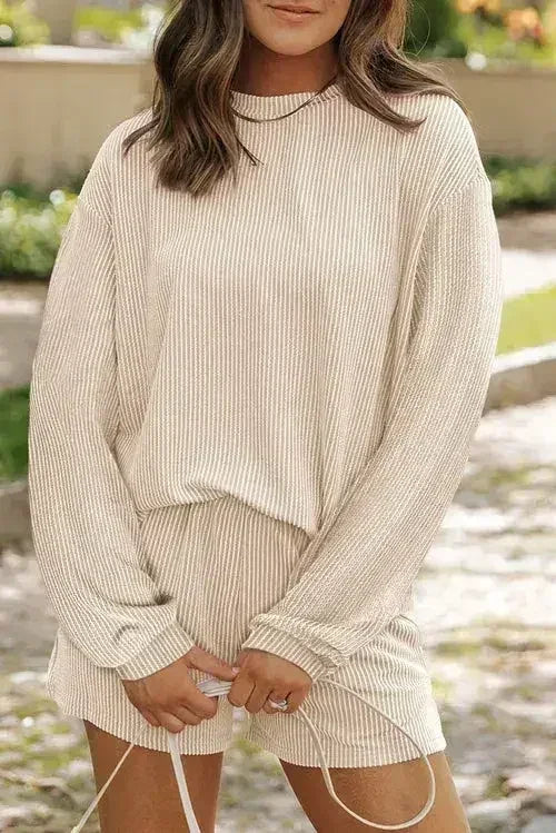 Parchment Corded Knit Long Sleeve Top and High Waist Shorts Set - Femstylo