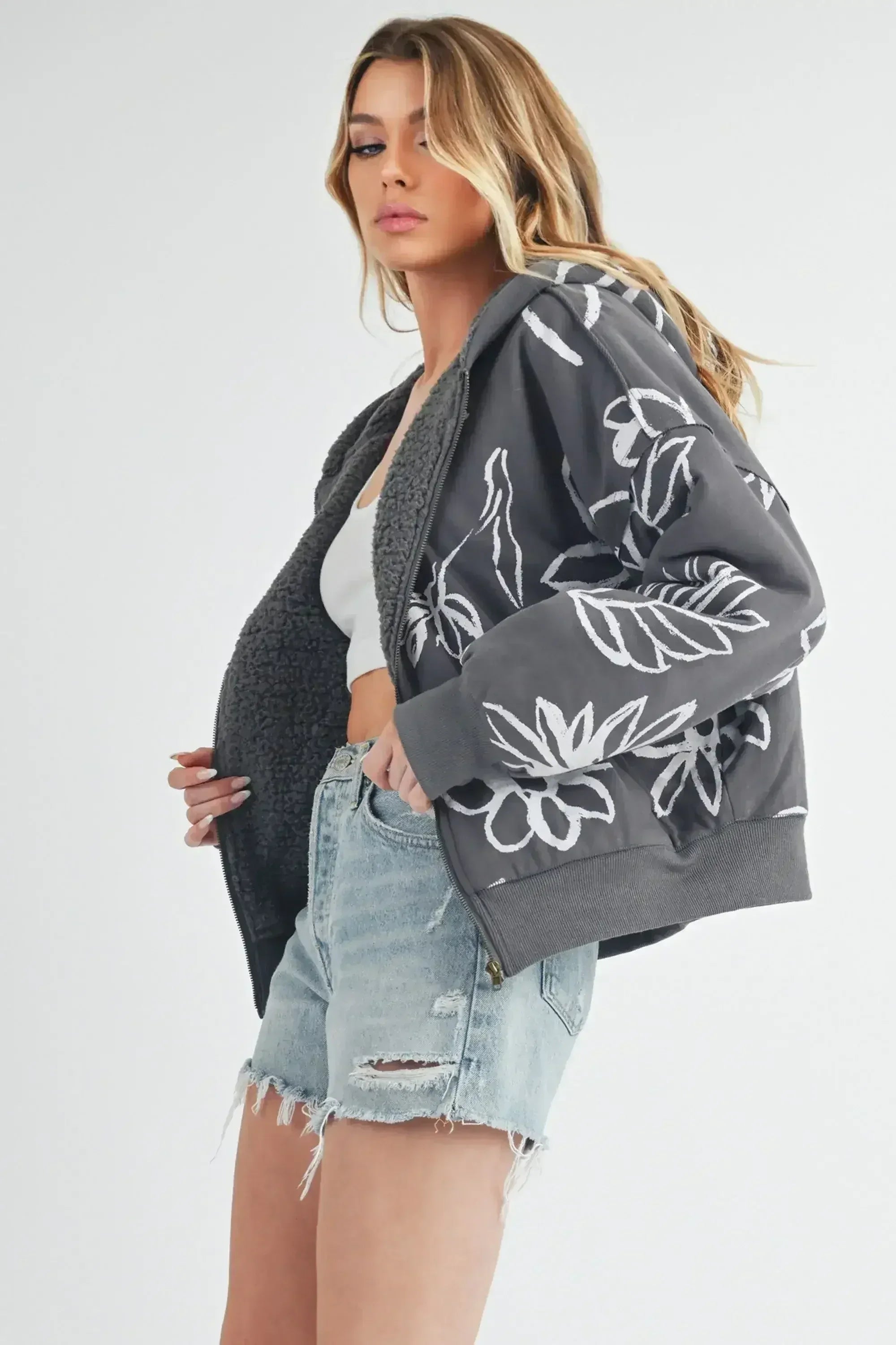 Aemi + Co Flower Print Zip Up Sherpa Hoodie - Femstylo