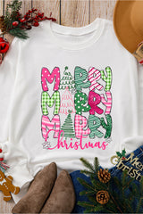 Beige MERRY Christmas Heat Transfer Printing Drop Shoulder Pullover Sweatshirt
