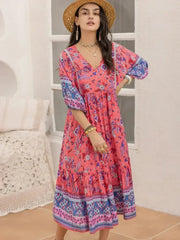 Printed Puff Sleeve Midi Dress - Femstylo