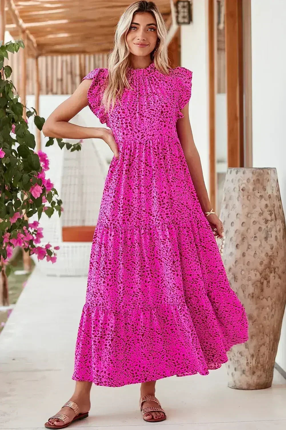 Rose Red Leopard Print Ruffle Sleeveless Maxi Dress - Femstylo