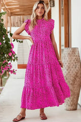 Rose Red Leopard Print Ruffle Sleeveless Maxi Dress - Femstylo
