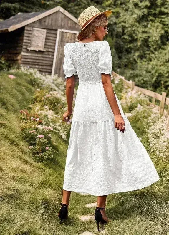 Smocked textured midi dress - Femstylo