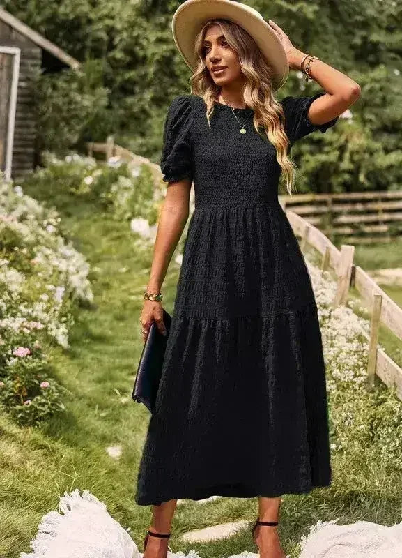 Smocked textured midi dress - Femstylo