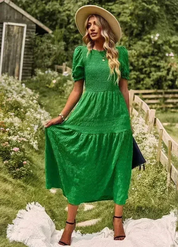 Smocked textured midi dress - Femstylo