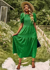 Smocked textured midi dress - Femstylo