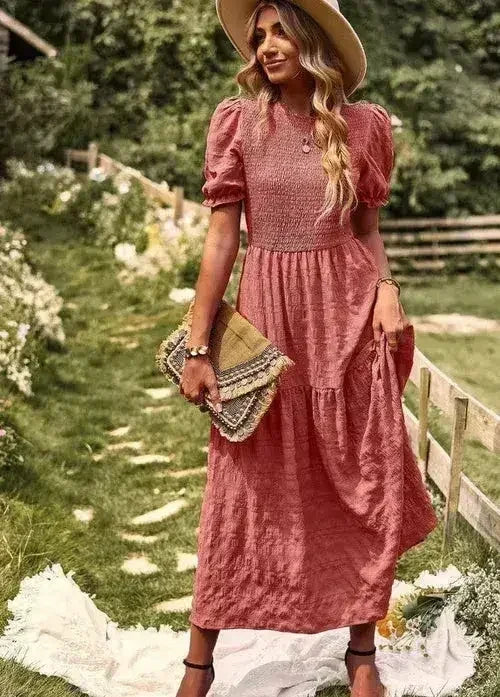 Smocked textured midi dress - Femstylo